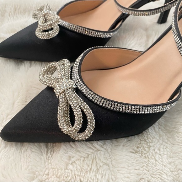 Nwob Rhinestone Bow Pointy Toe Satin Heels Black Silver Size 10 - Picture 9 of 16